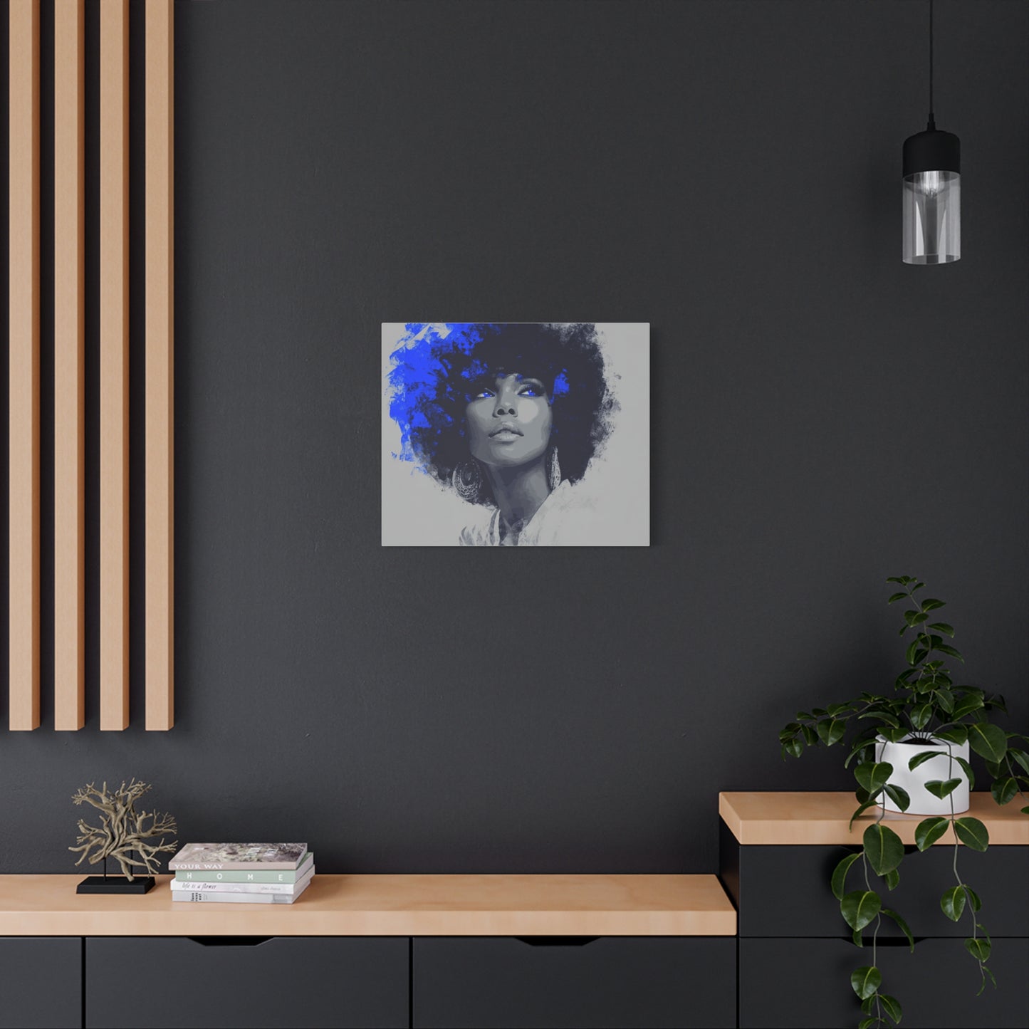“Electric Grace” Afrocentric Canvas Wall Art | Grayscale Portrait with Cobalt Blue Accents | Matte Finish, Stretched & Ready to Hang