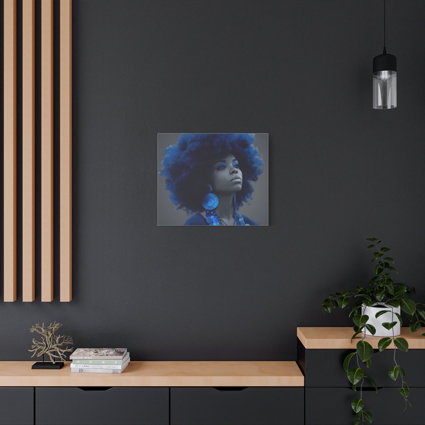 “Storm of Serenity” Afrocentric Canvas Wall Art | Deep Blue & Grayscale Portrait | Matte Finish, Ready to Hang