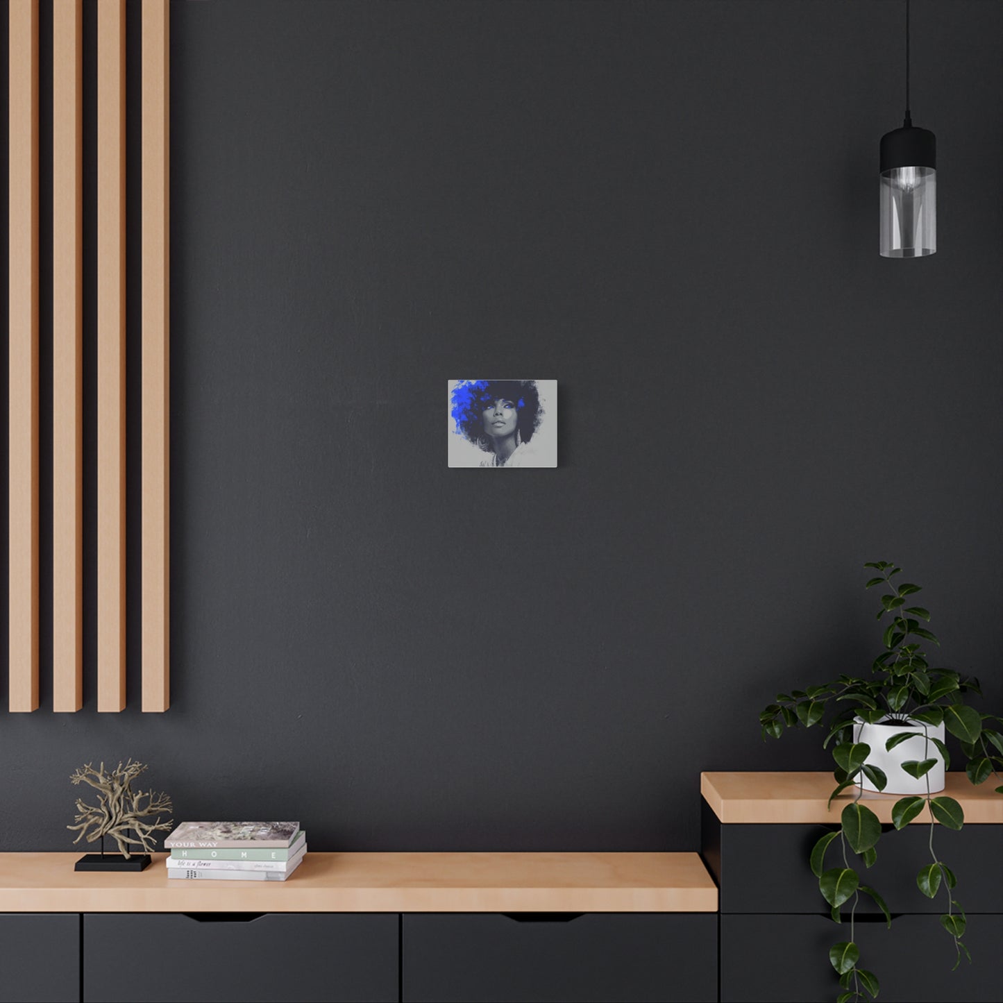 “Electric Grace” Afrocentric Canvas Wall Art | Grayscale Portrait with Cobalt Blue Accents | Matte Finish, Stretched & Ready to Hang