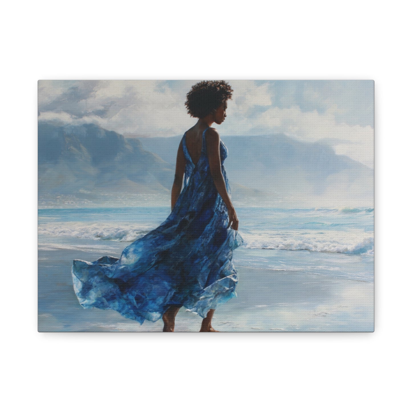 “Whispers of the Tide” Coastal Afrocentric Canvas Wall Art | Serene Black Woman by the Sea | Matte Finish, Ready to Hang