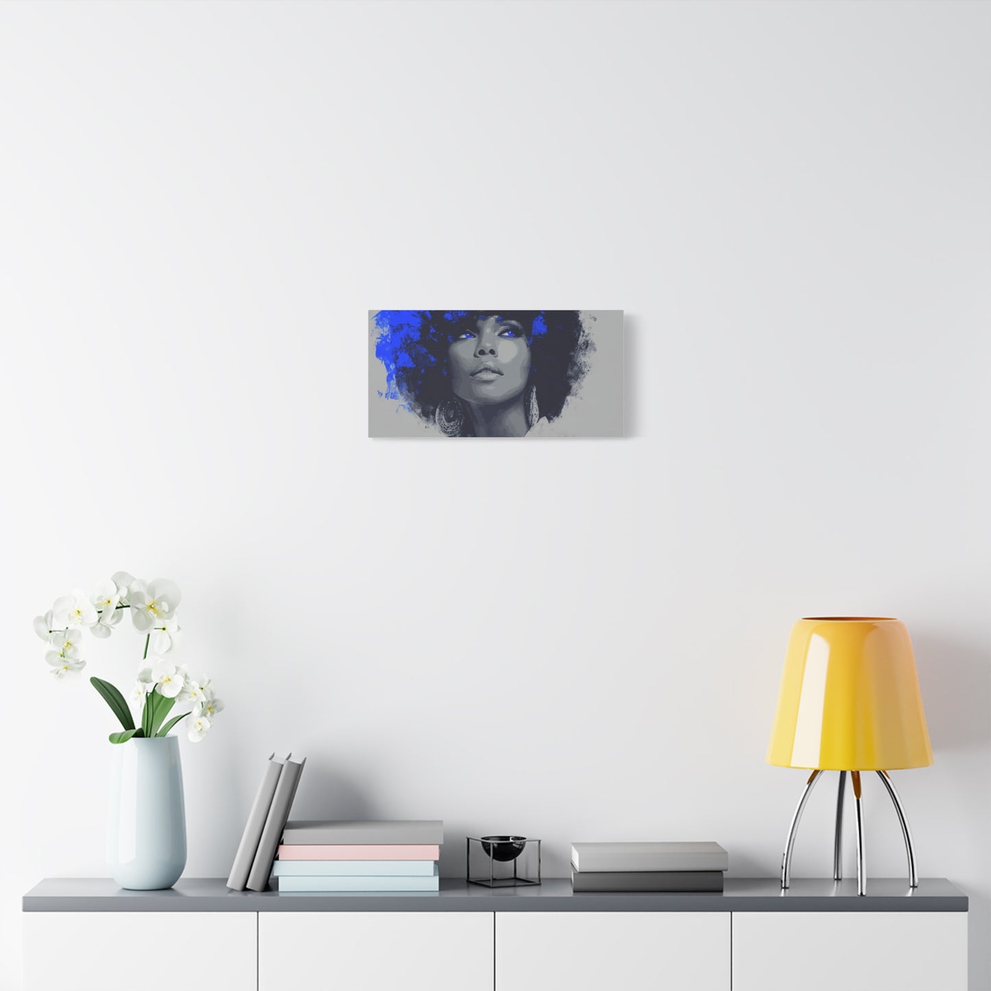 “Electric Grace” Afrocentric Canvas Wall Art | Grayscale Portrait with Cobalt Blue Accents | Matte Finish, Stretched & Ready to Hang