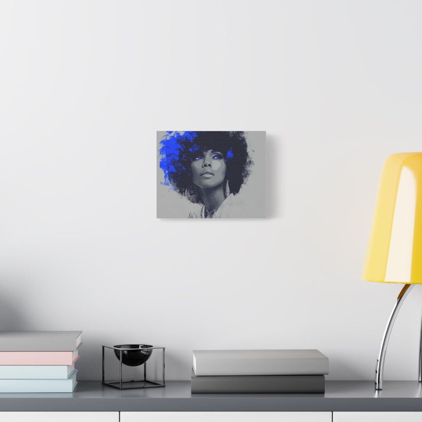 “Electric Grace” Afrocentric Canvas Wall Art | Grayscale Portrait with Cobalt Blue Accents | Matte Finish, Stretched & Ready to Hang