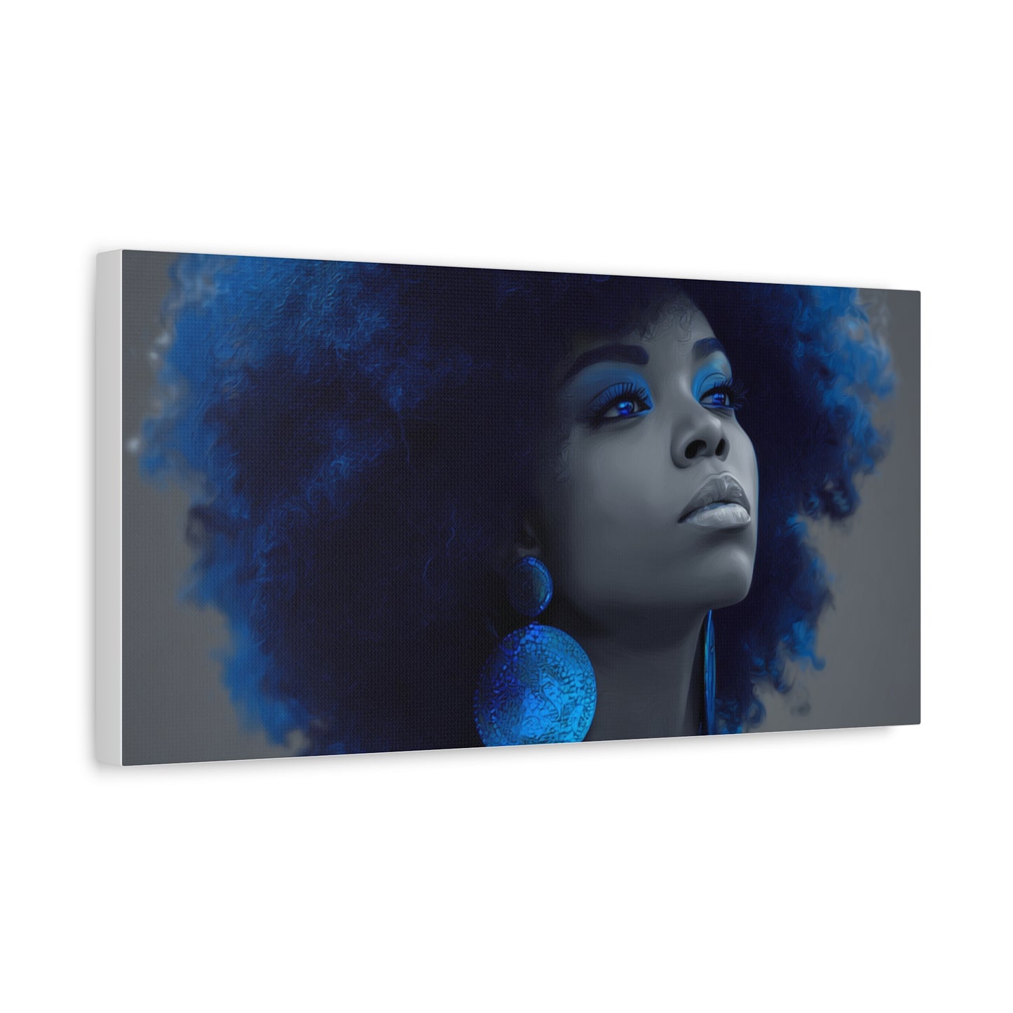 “Storm of Serenity” Afrocentric Canvas Wall Art | Deep Blue & Grayscale Portrait | Matte Finish, Ready to Hang