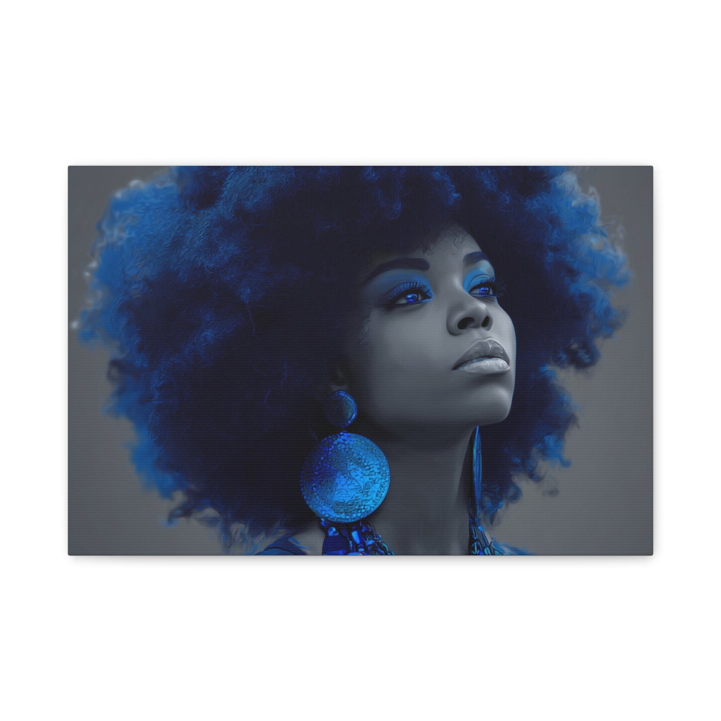 “Storm of Serenity” Afrocentric Canvas Wall Art | Deep Blue & Grayscale Portrait | Matte Finish, Ready to Hang