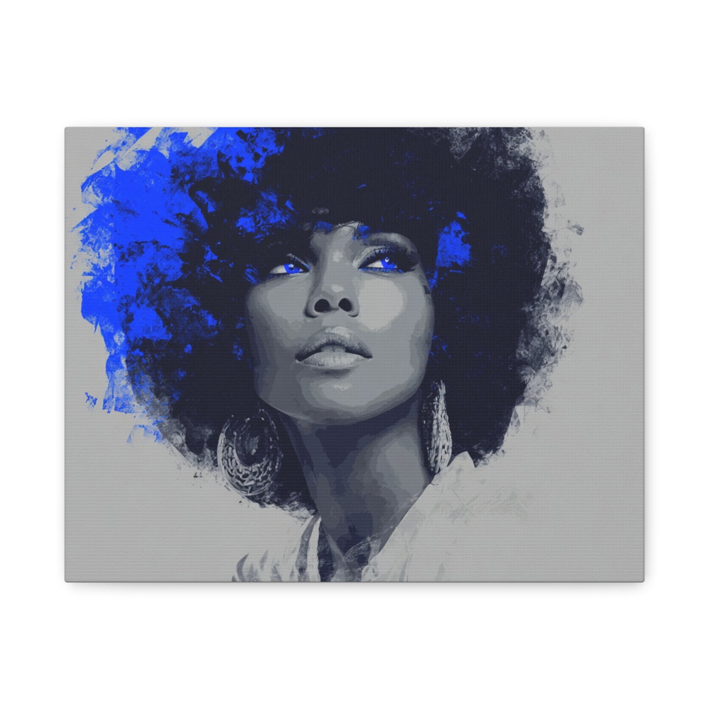 “Electric Grace” Afrocentric Canvas Wall Art | Grayscale Portrait with Cobalt Blue Accents | Matte Finish, Stretched & Ready to Hang