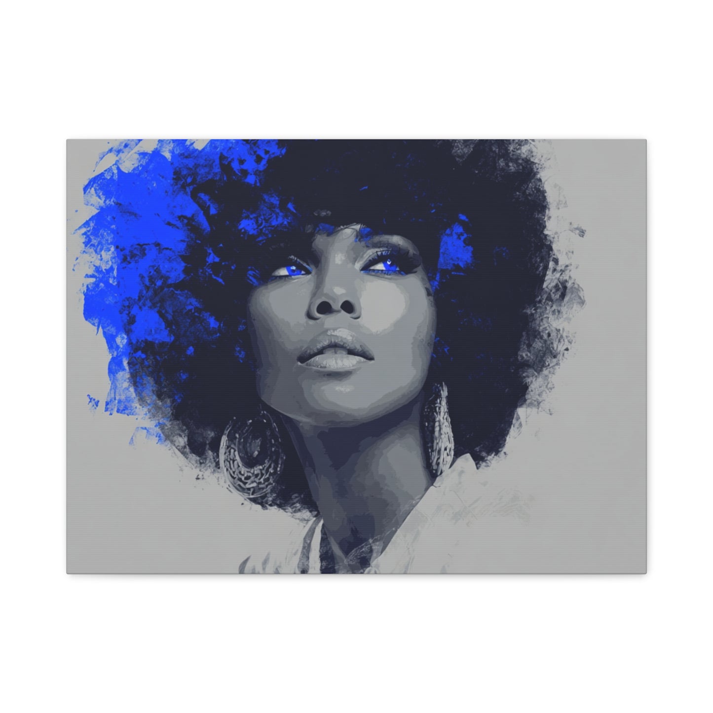 “Electric Grace” Afrocentric Canvas Wall Art | Grayscale Portrait with Cobalt Blue Accents | Matte Finish, Stretched & Ready to Hang