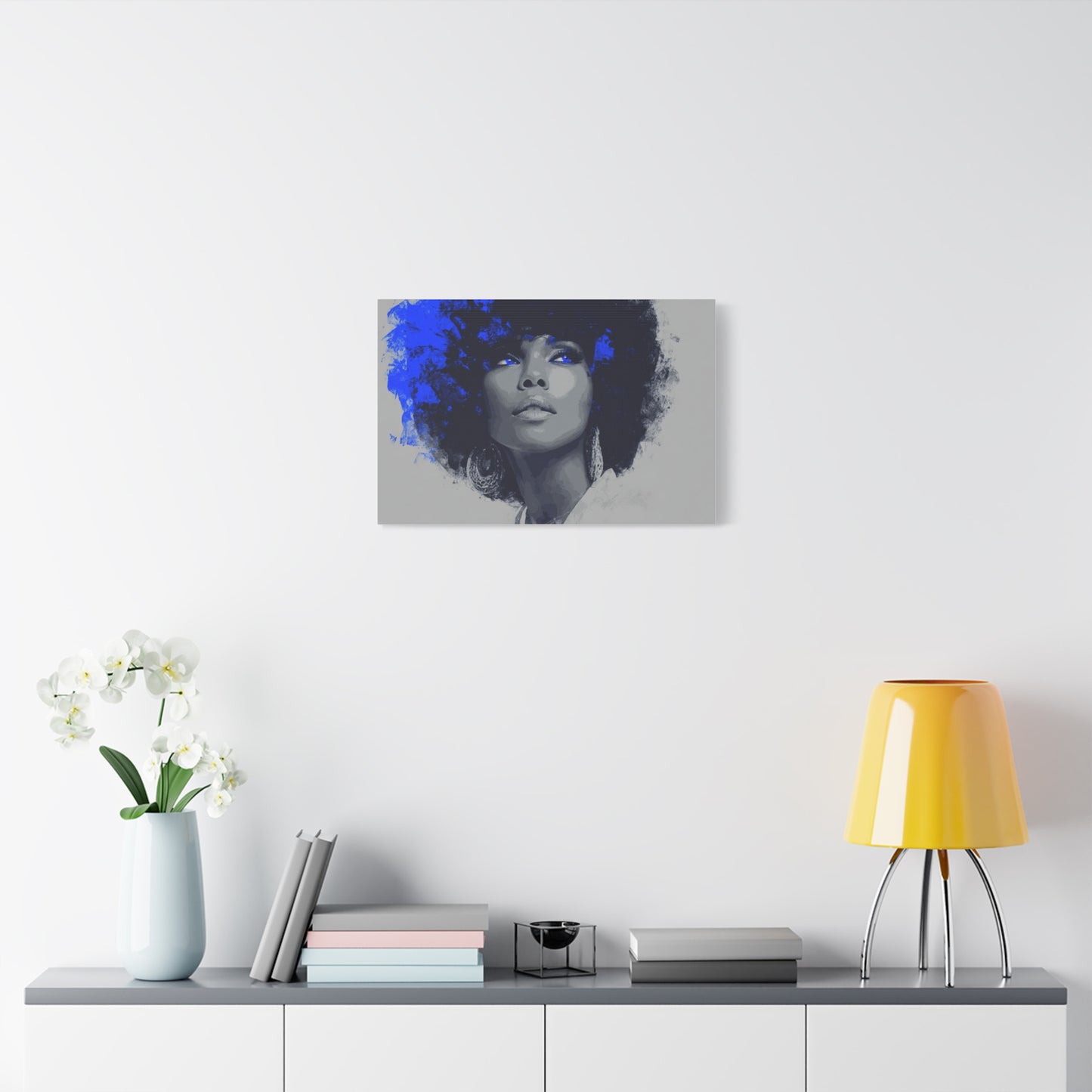 “Electric Grace” Afrocentric Canvas Wall Art | Grayscale Portrait with Cobalt Blue Accents | Matte Finish, Stretched & Ready to Hang