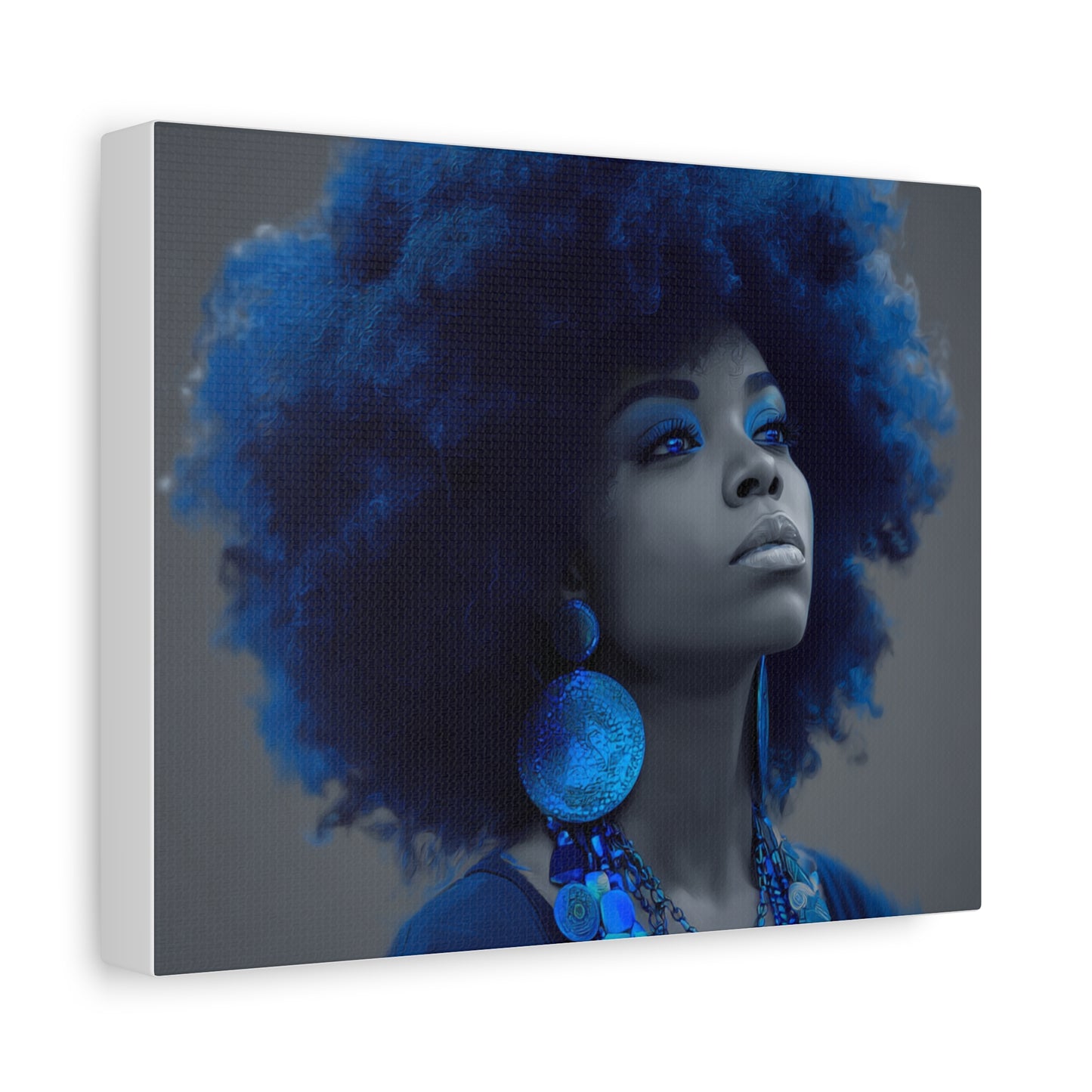 “Storm of Serenity” Afrocentric Canvas Wall Art | Deep Blue & Grayscale Portrait | Matte Finish, Ready to Hang
