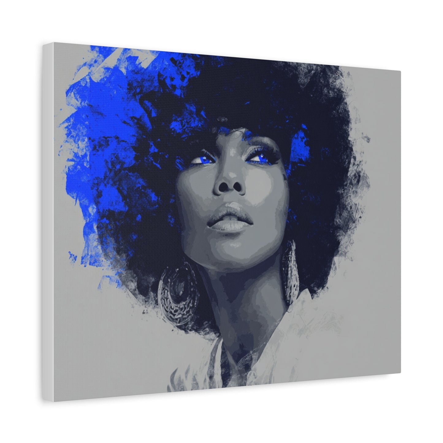 “Electric Grace” Afrocentric Canvas Wall Art | Grayscale Portrait with Cobalt Blue Accents | Matte Finish, Stretched & Ready to Hang