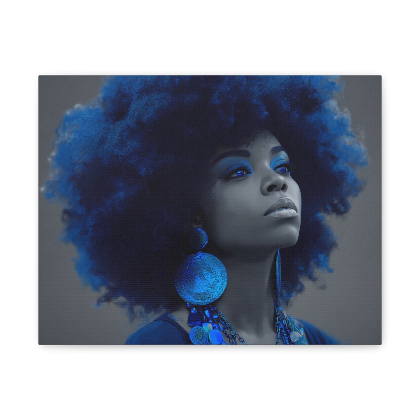 “Storm of Serenity” Afrocentric Canvas Wall Art | Deep Blue & Grayscale Portrait | Matte Finish, Ready to Hang
