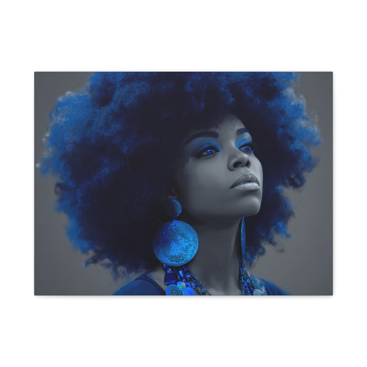 “Storm of Serenity” Afrocentric Canvas Wall Art | Deep Blue & Grayscale Portrait | Matte Finish, Ready to Hang
