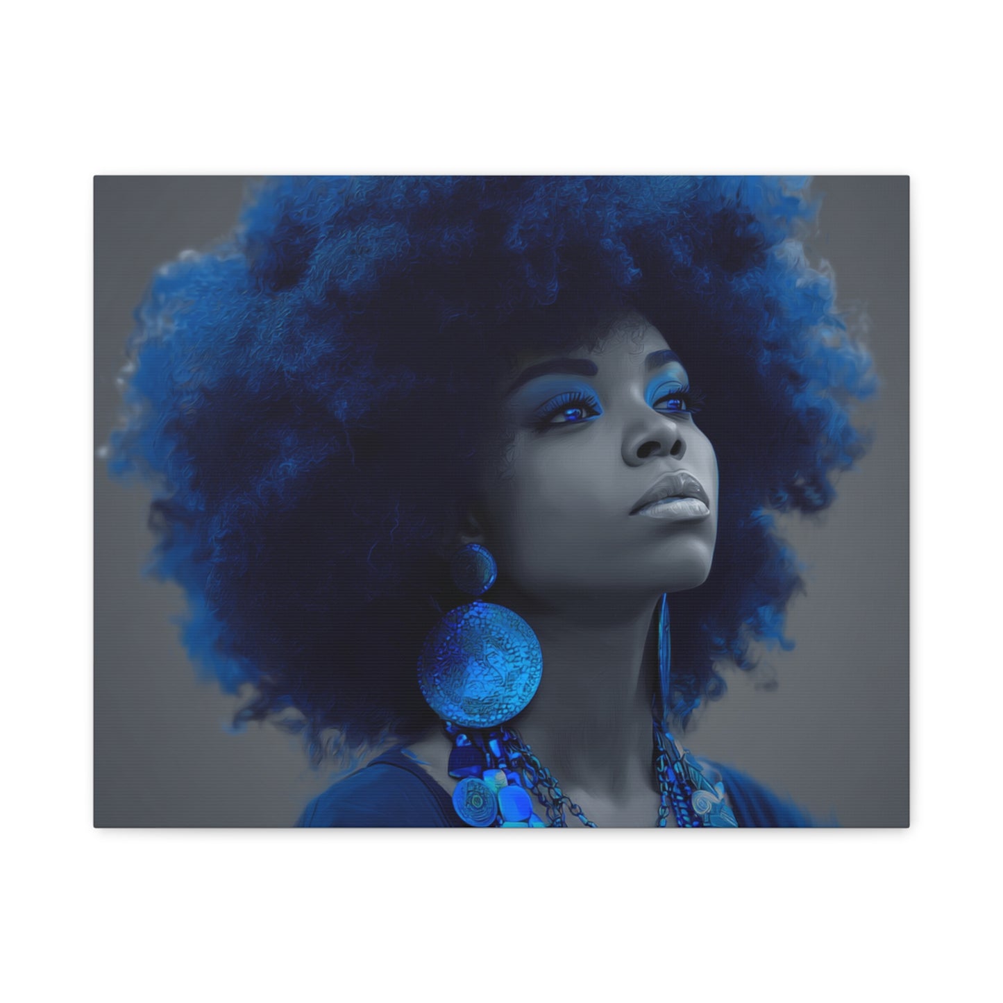 “Storm of Serenity” Afrocentric Canvas Wall Art | Deep Blue & Grayscale Portrait | Matte Finish, Ready to Hang