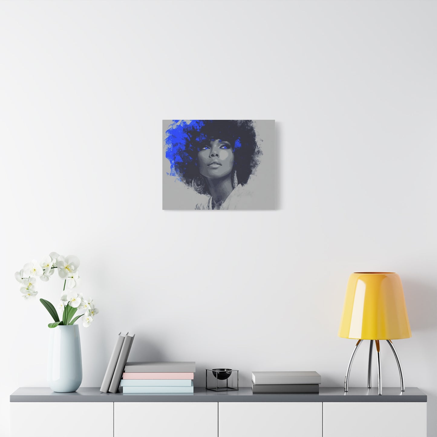 “Electric Grace” Afrocentric Canvas Wall Art | Grayscale Portrait with Cobalt Blue Accents | Matte Finish, Stretched & Ready to Hang