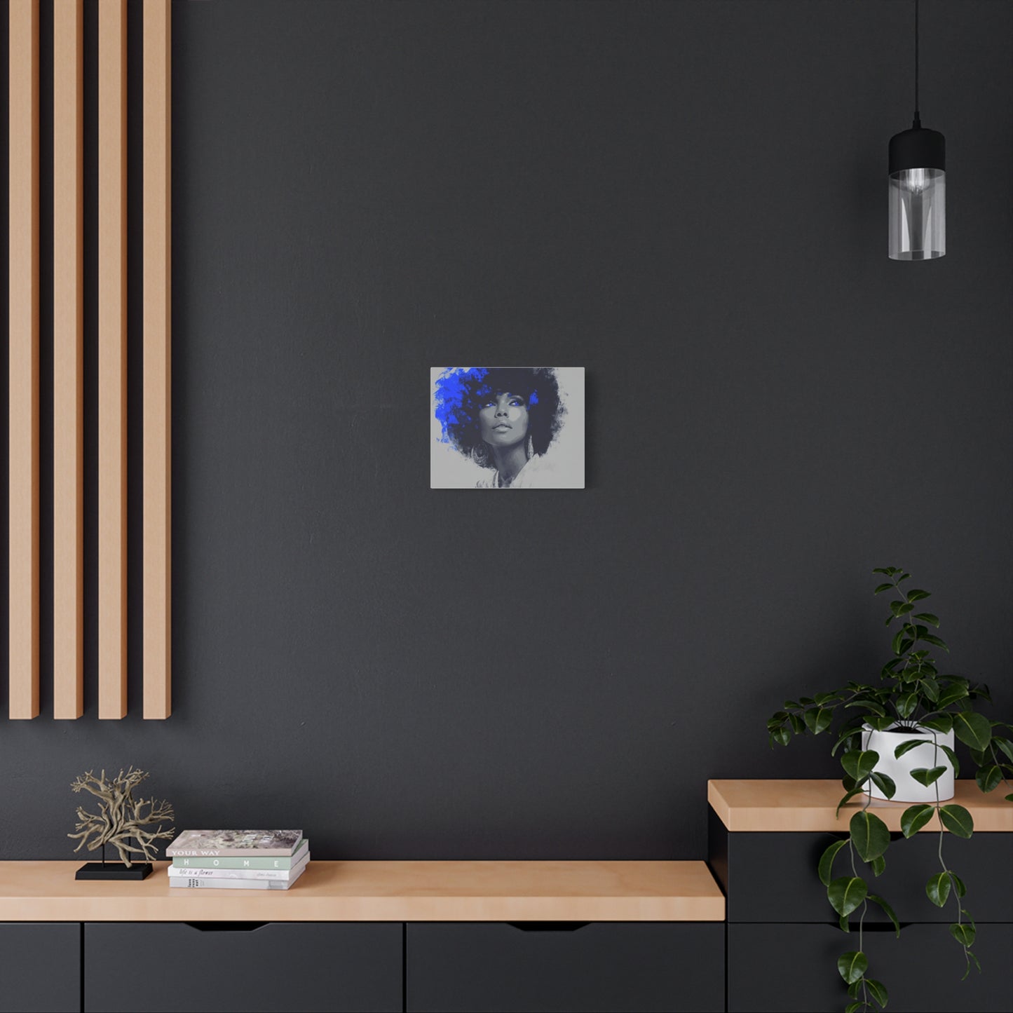 “Electric Grace” Afrocentric Canvas Wall Art | Grayscale Portrait with Cobalt Blue Accents | Matte Finish, Stretched & Ready to Hang