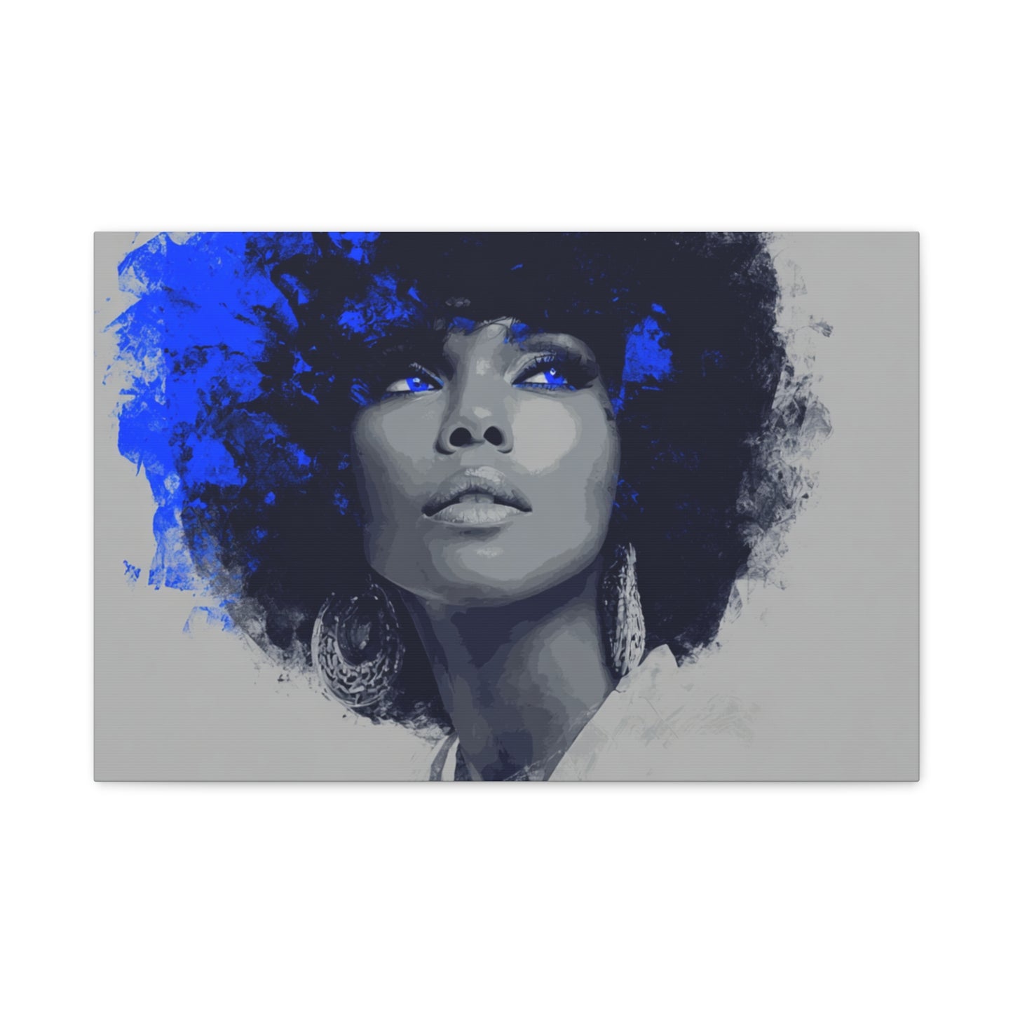 “Electric Grace” Afrocentric Canvas Wall Art | Grayscale Portrait with Cobalt Blue Accents | Matte Finish, Stretched & Ready to Hang