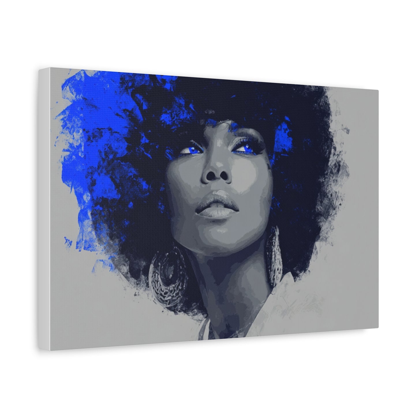 “Electric Grace” Afrocentric Canvas Wall Art | Grayscale Portrait with Cobalt Blue Accents | Matte Finish, Stretched & Ready to Hang
