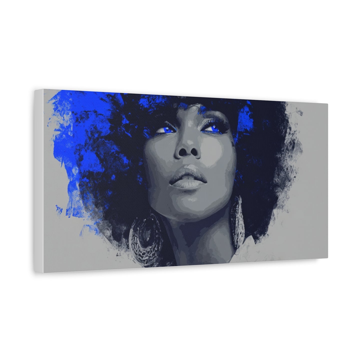 “Electric Grace” Afrocentric Canvas Wall Art | Grayscale Portrait with Cobalt Blue Accents | Matte Finish, Stretched & Ready to Hang