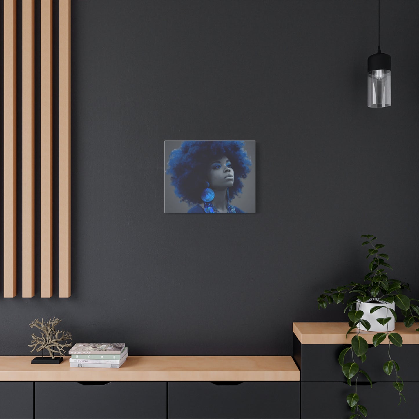“Storm of Serenity” Afrocentric Canvas Wall Art | Deep Blue & Grayscale Portrait | Matte Finish, Ready to Hang