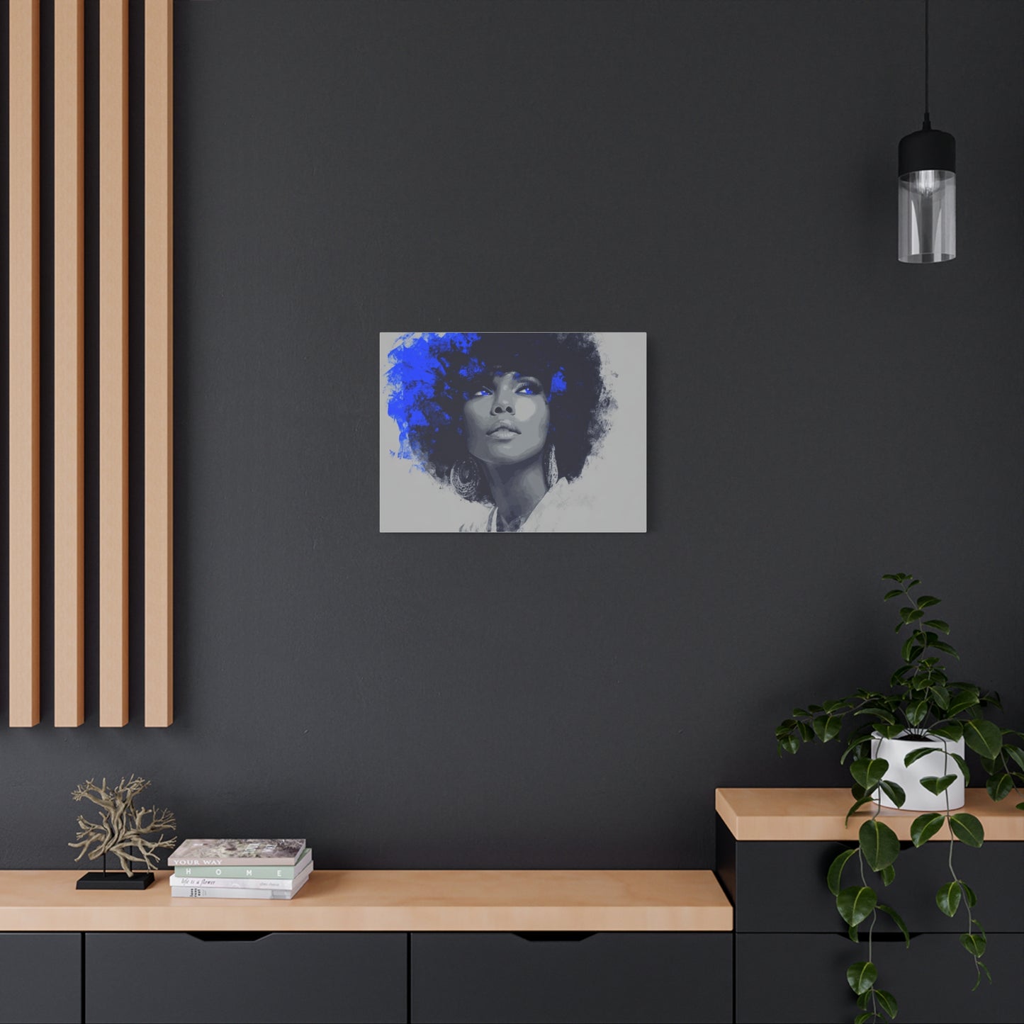 “Electric Grace” Afrocentric Canvas Wall Art | Grayscale Portrait with Cobalt Blue Accents | Matte Finish, Stretched & Ready to Hang