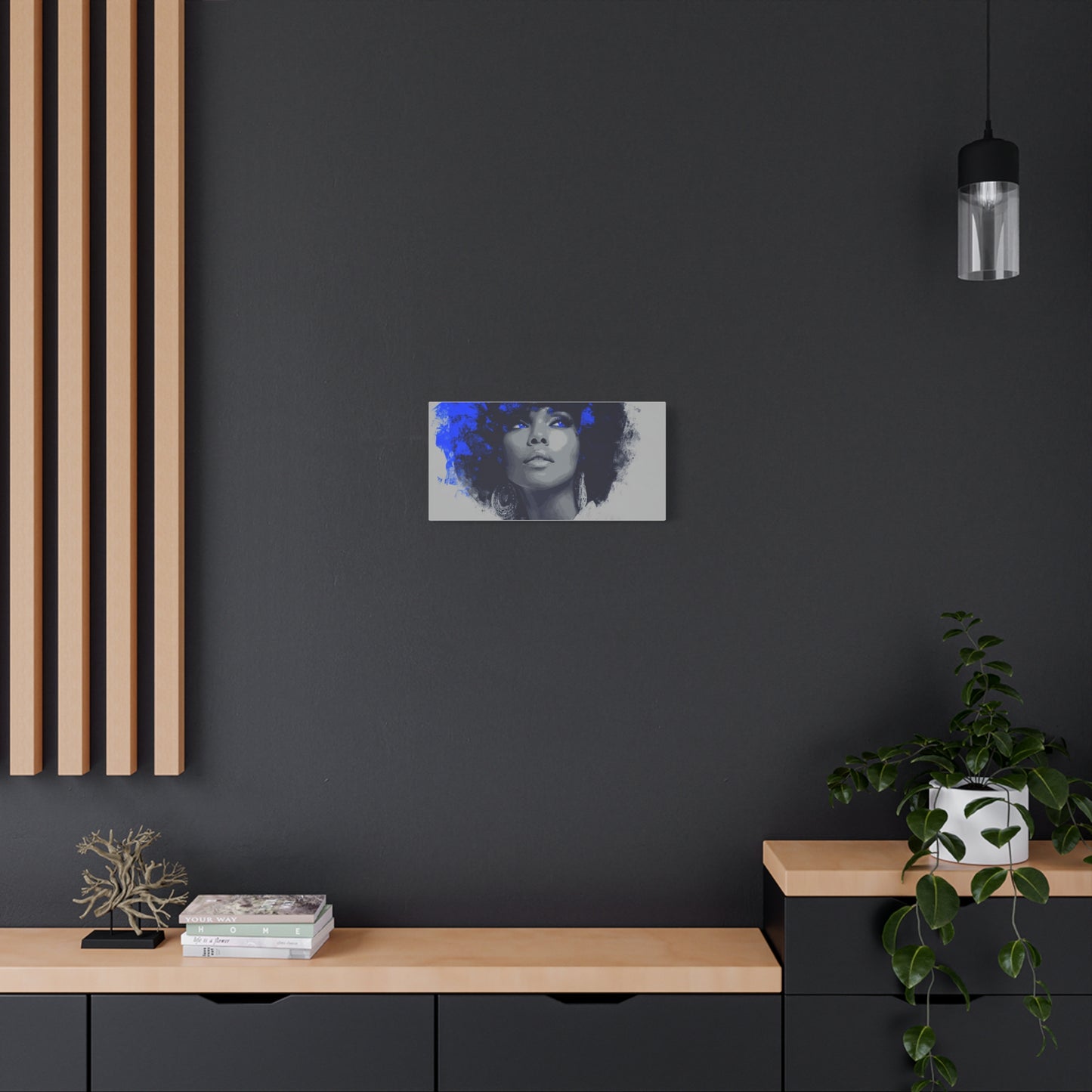 “Electric Grace” Afrocentric Canvas Wall Art | Grayscale Portrait with Cobalt Blue Accents | Matte Finish, Stretched & Ready to Hang