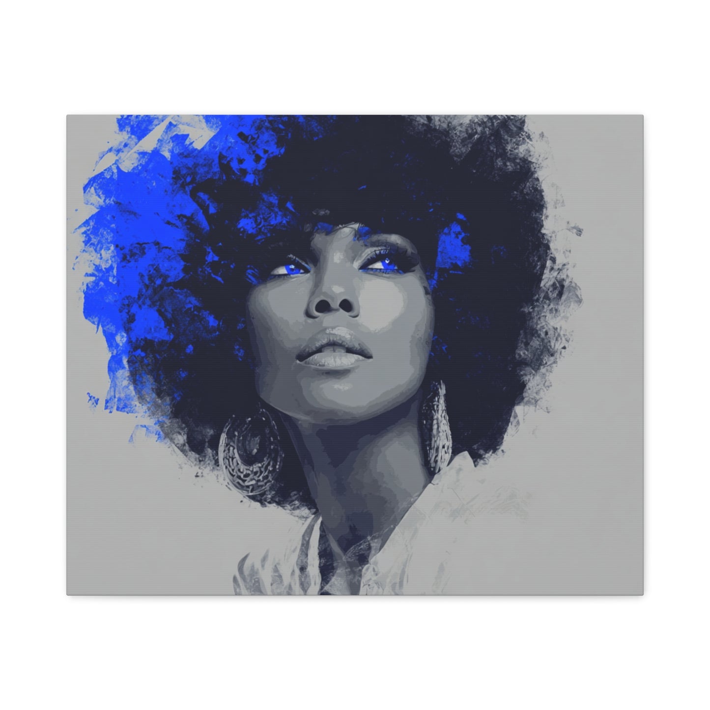 “Electric Grace” Afrocentric Canvas Wall Art | Grayscale Portrait with Cobalt Blue Accents | Matte Finish, Stretched & Ready to Hang