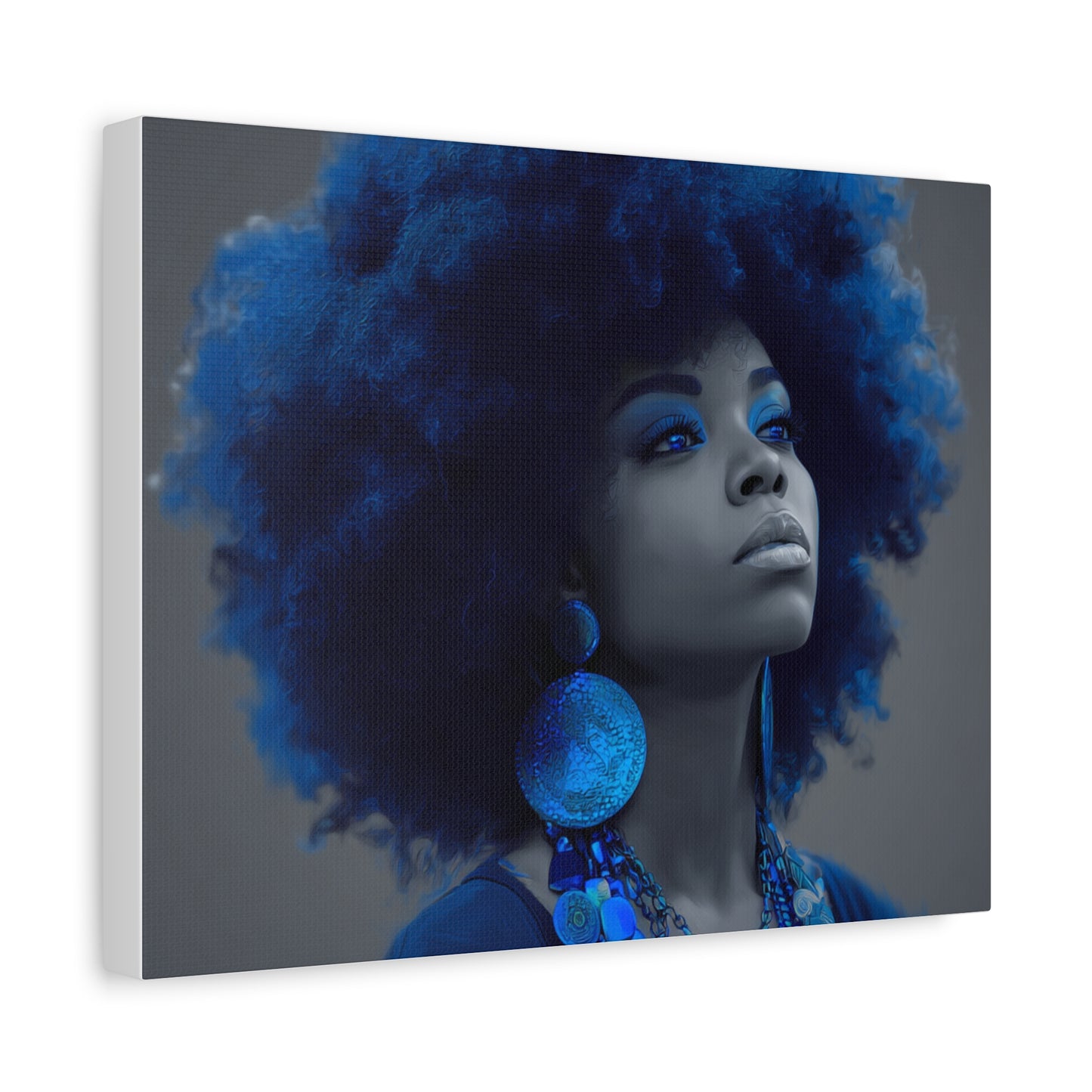 “Storm of Serenity” Afrocentric Canvas Wall Art | Deep Blue & Grayscale Portrait | Matte Finish, Ready to Hang