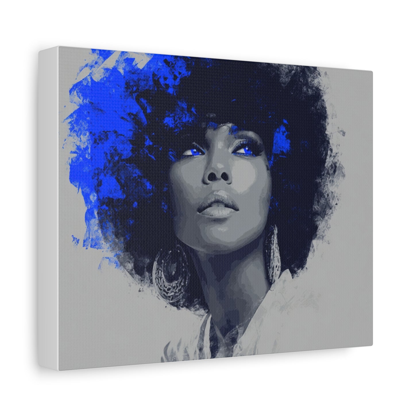 “Electric Grace” Afrocentric Canvas Wall Art | Grayscale Portrait with Cobalt Blue Accents | Matte Finish, Stretched & Ready to Hang