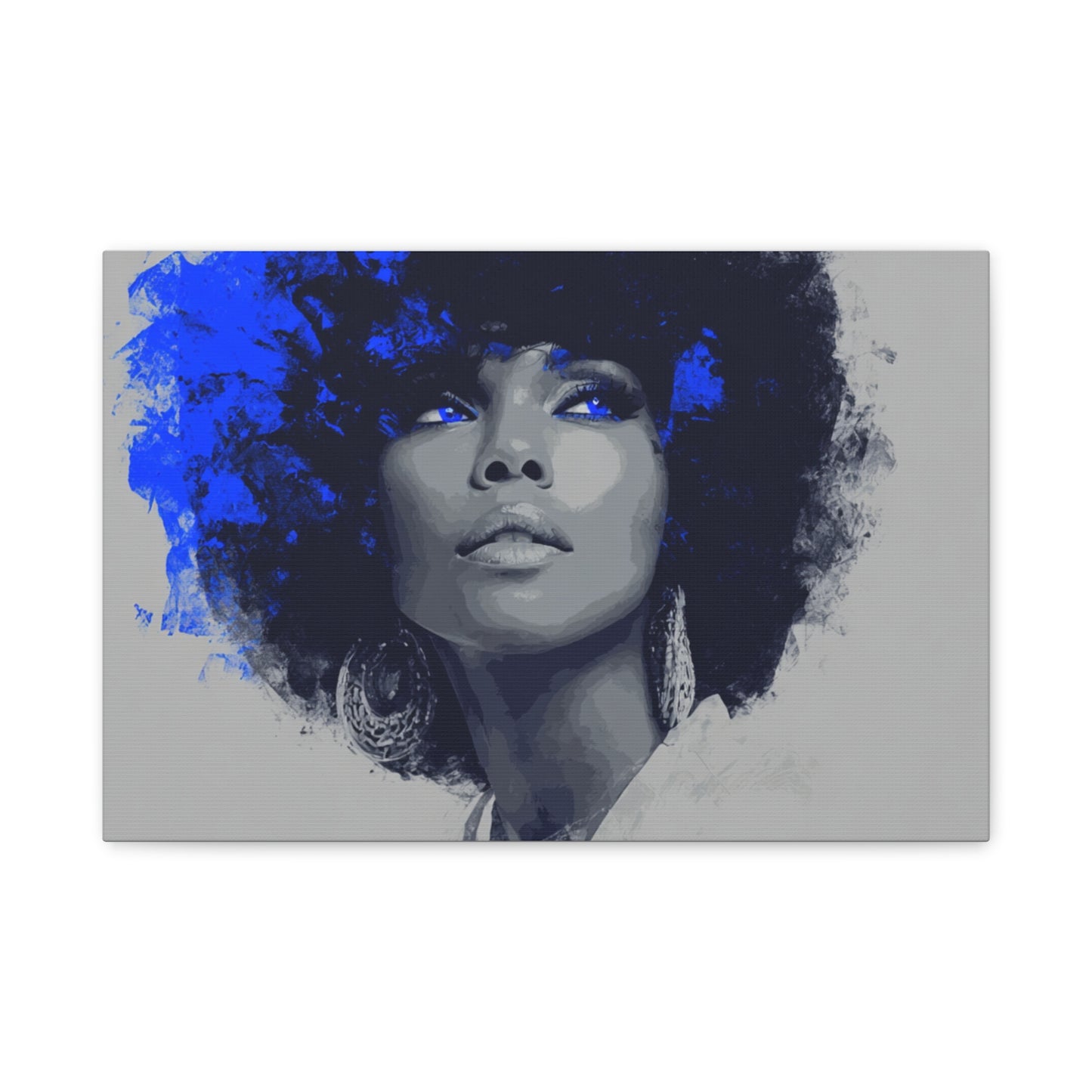“Electric Grace” Afrocentric Canvas Wall Art | Grayscale Portrait with Cobalt Blue Accents | Matte Finish, Stretched & Ready to Hang