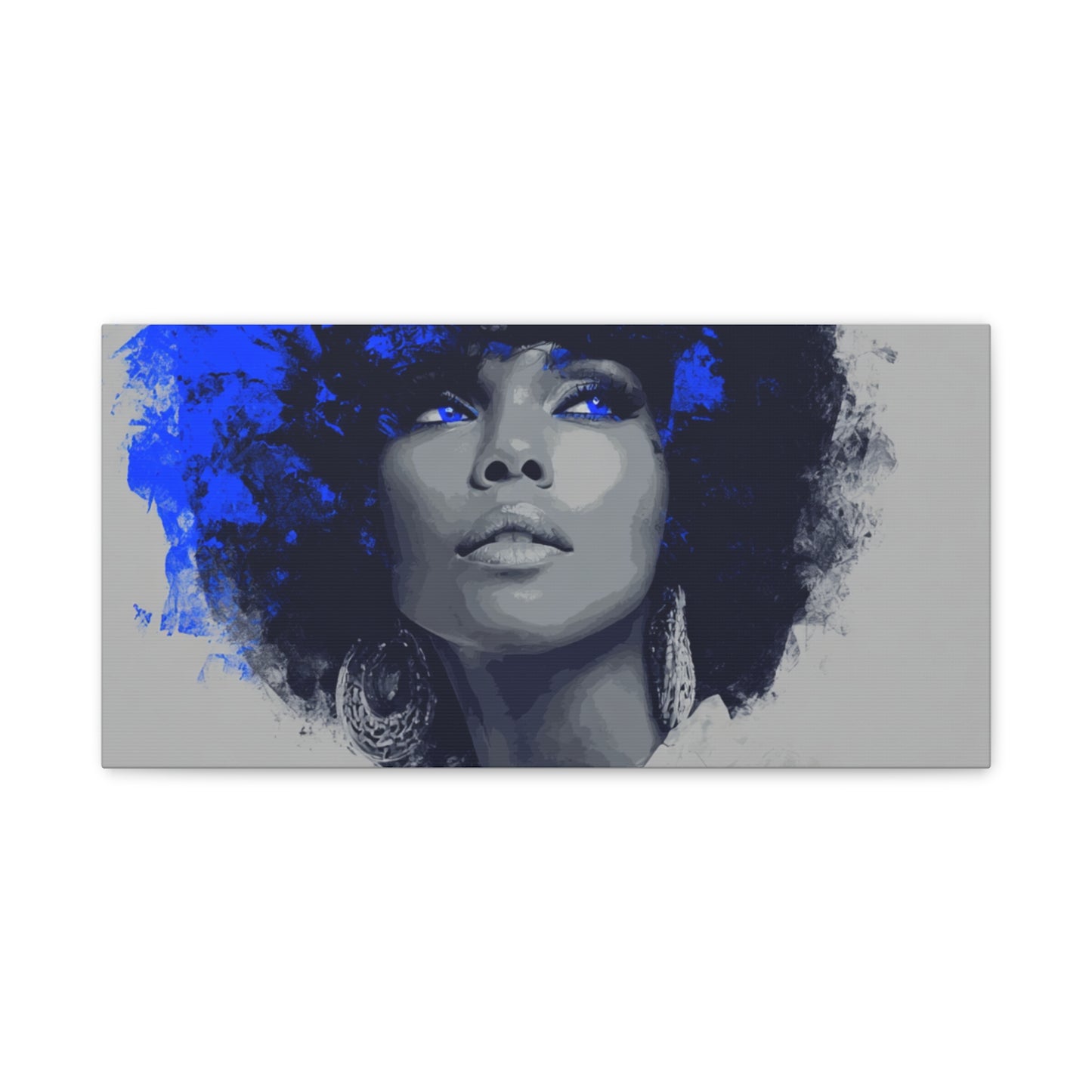“Electric Grace” Afrocentric Canvas Wall Art | Grayscale Portrait with Cobalt Blue Accents | Matte Finish, Stretched & Ready to Hang