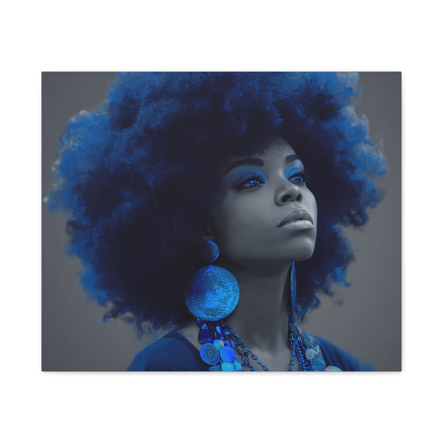“Storm of Serenity” Afrocentric Canvas Wall Art | Deep Blue & Grayscale Portrait | Matte Finish, Ready to Hang