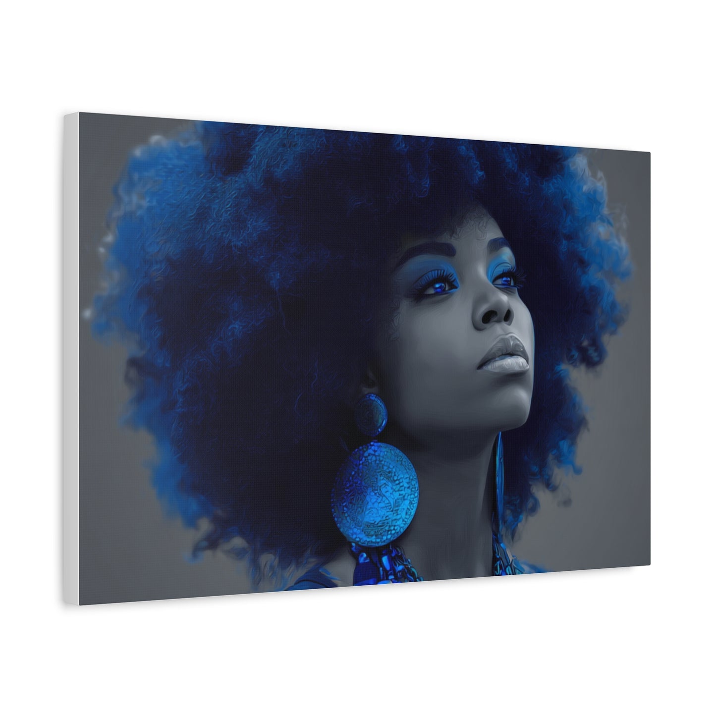 “Storm of Serenity” Afrocentric Canvas Wall Art | Deep Blue & Grayscale Portrait | Matte Finish, Ready to Hang