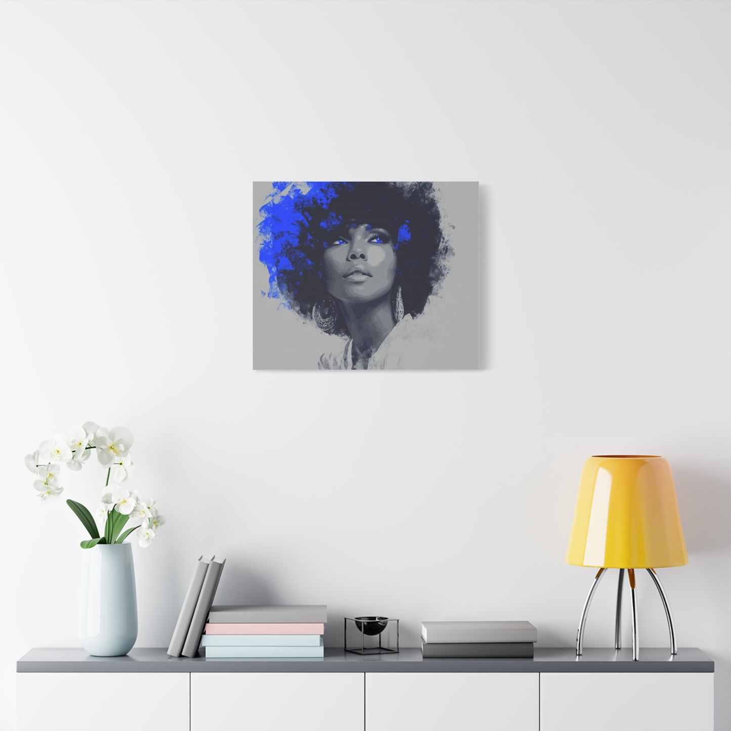 “Electric Grace” Afrocentric Canvas Wall Art | Grayscale Portrait with Cobalt Blue Accents | Matte Finish, Stretched & Ready to Hang