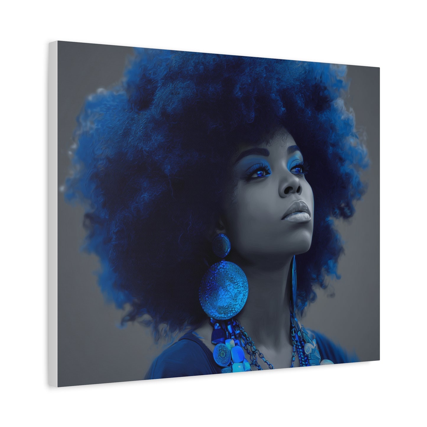 “Storm of Serenity” Afrocentric Canvas Wall Art | Deep Blue & Grayscale Portrait | Matte Finish, Ready to Hang