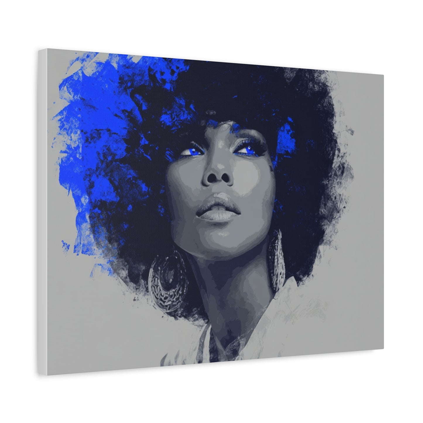 “Electric Grace” Afrocentric Canvas Wall Art | Grayscale Portrait with Cobalt Blue Accents | Matte Finish, Stretched & Ready to Hang