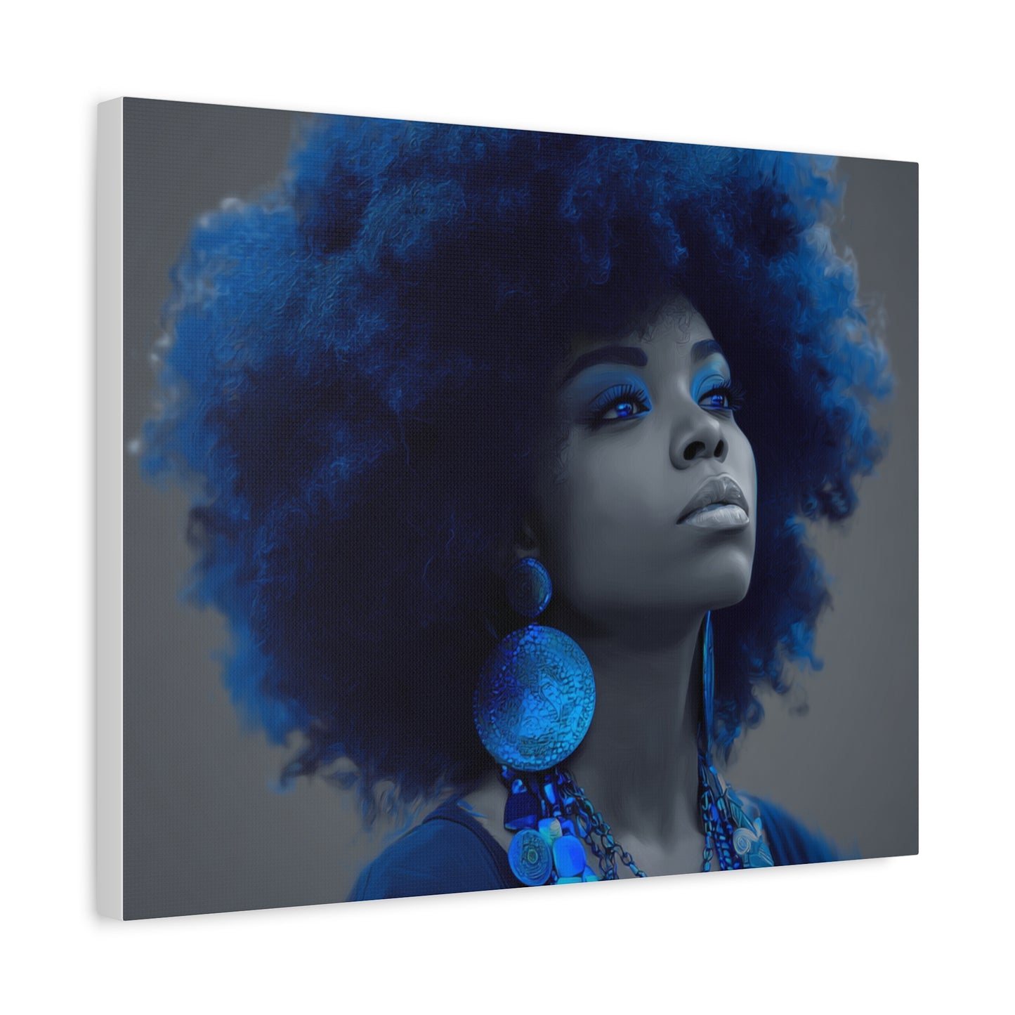 “Storm of Serenity” Afrocentric Canvas Wall Art | Deep Blue & Grayscale Portrait | Matte Finish, Ready to Hang