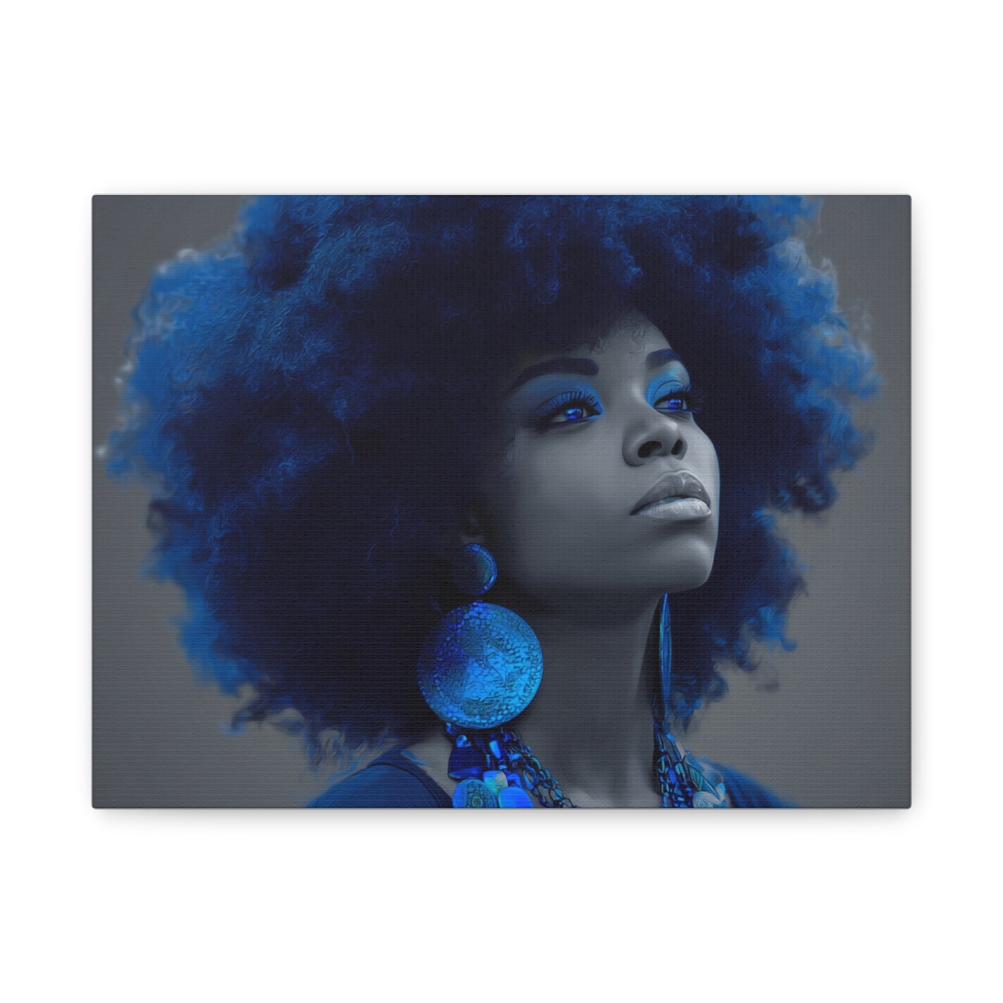“Storm of Serenity” Afrocentric Canvas Wall Art | Deep Blue & Grayscale Portrait | Matte Finish, Ready to Hang