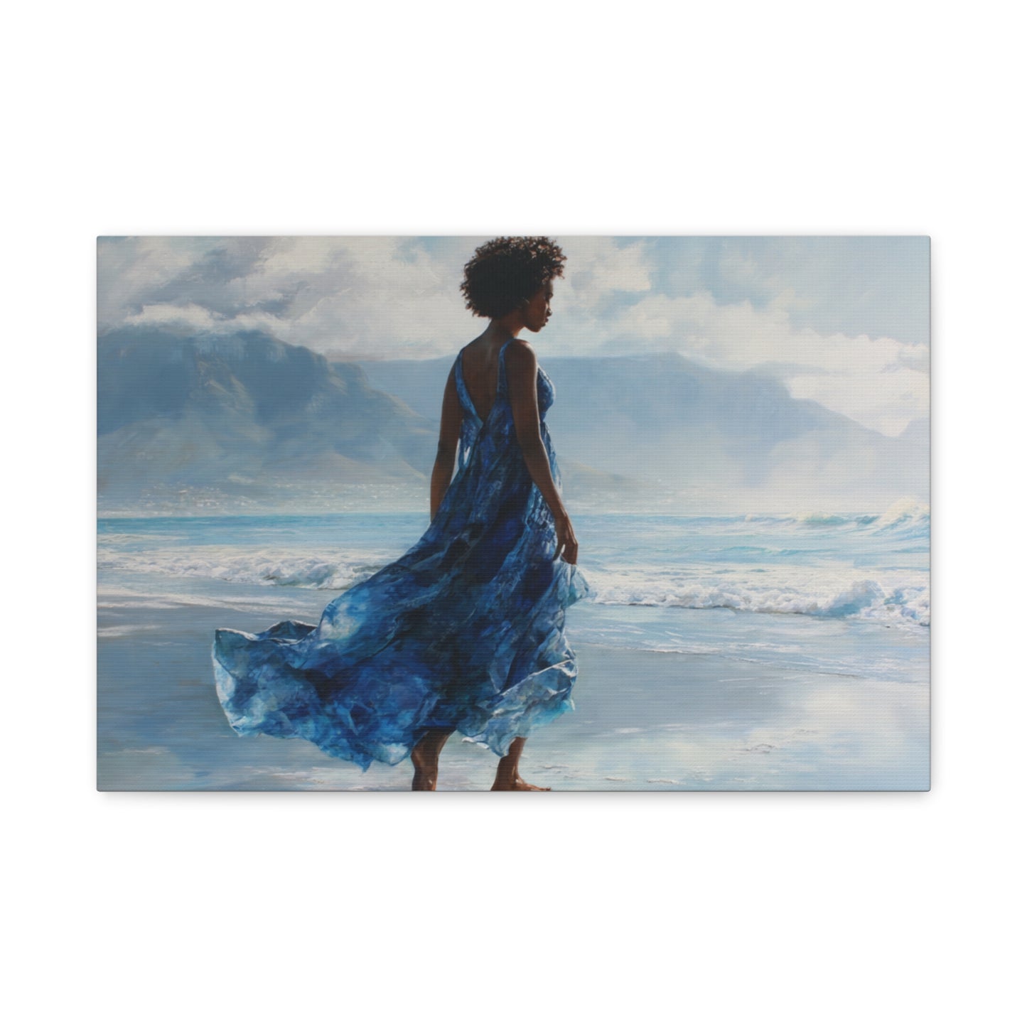 “Whispers of the Tide” Coastal Afrocentric Canvas Wall Art | Serene Black Woman by the Sea | Matte Finish, Ready to Hang