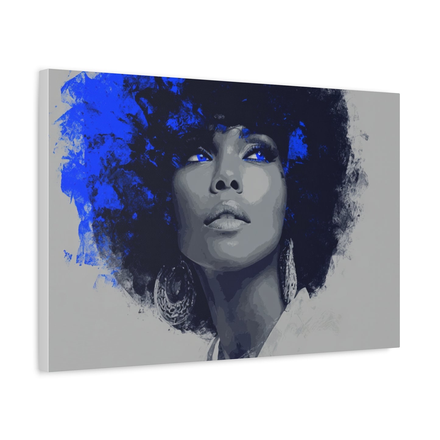 “Electric Grace” Afrocentric Canvas Wall Art | Grayscale Portrait with Cobalt Blue Accents | Matte Finish, Stretched & Ready to Hang