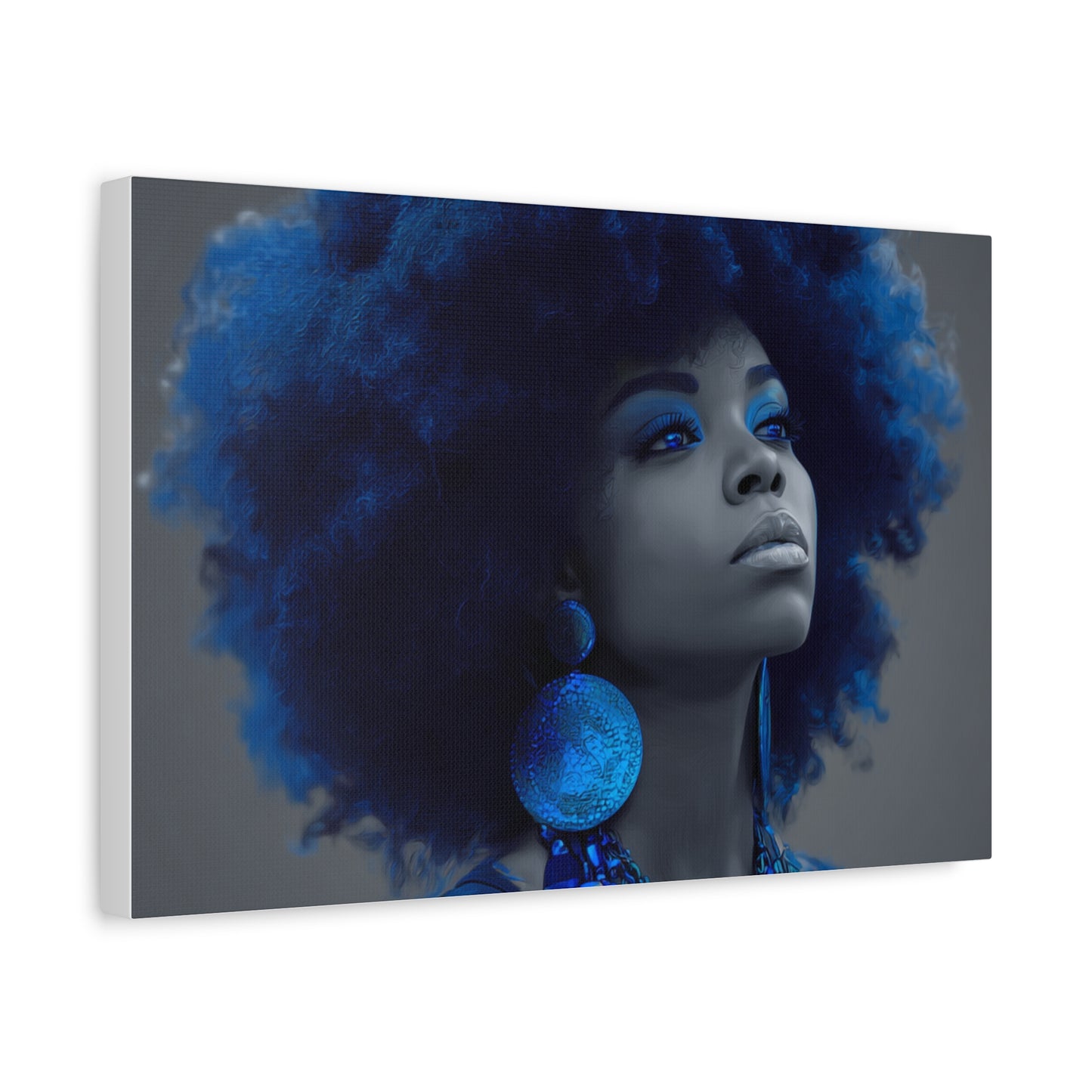 “Storm of Serenity” Afrocentric Canvas Wall Art | Deep Blue & Grayscale Portrait | Matte Finish, Ready to Hang