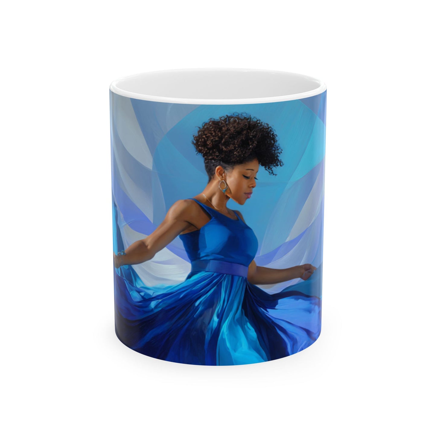 “Grace in Motion” Blue Dancer Mug | Artistic Afrocentric Coffee Cup | Glossy Ceramic, Dishwasher & Microwave Safe