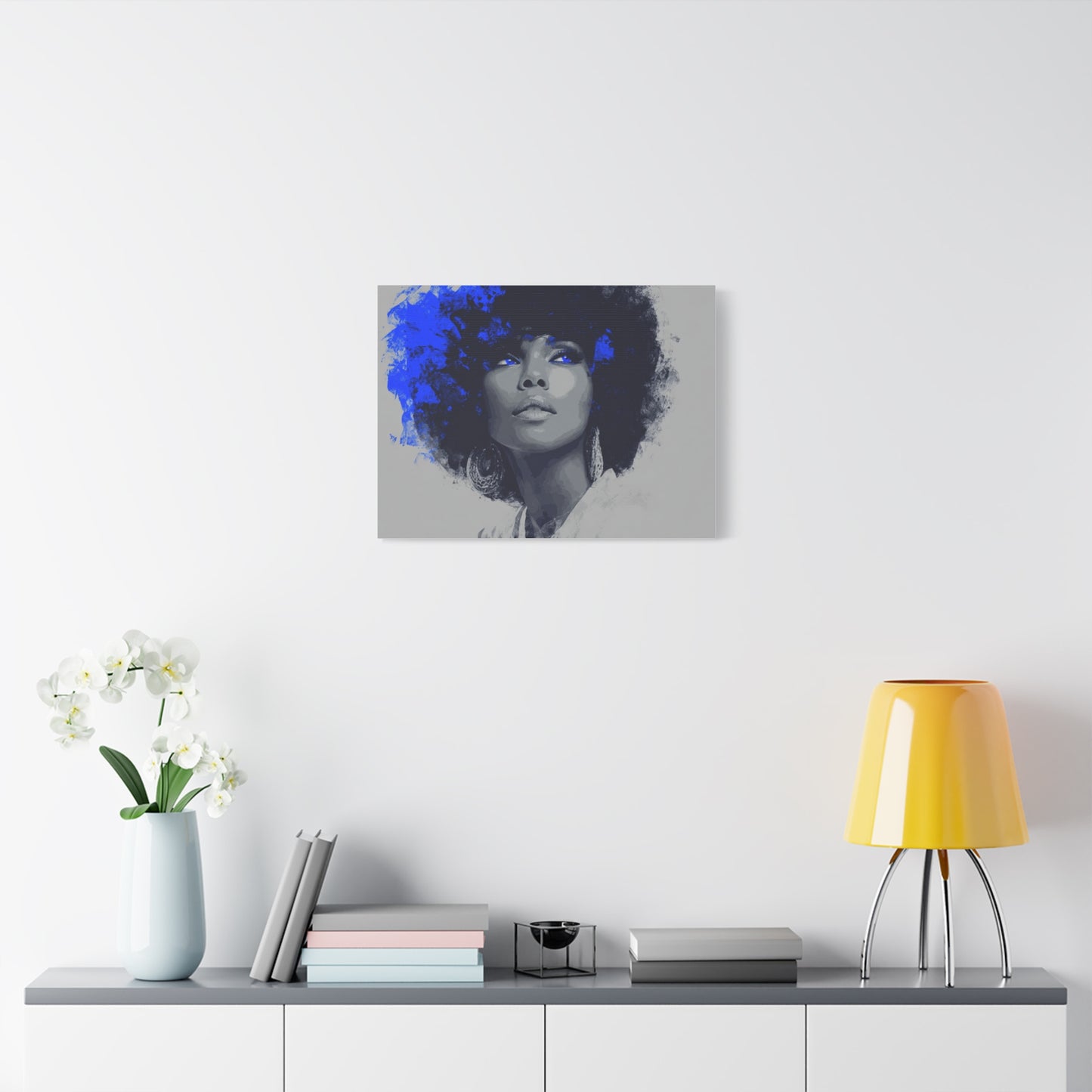“Electric Grace” Afrocentric Canvas Wall Art | Grayscale Portrait with Cobalt Blue Accents | Matte Finish, Stretched & Ready to Hang