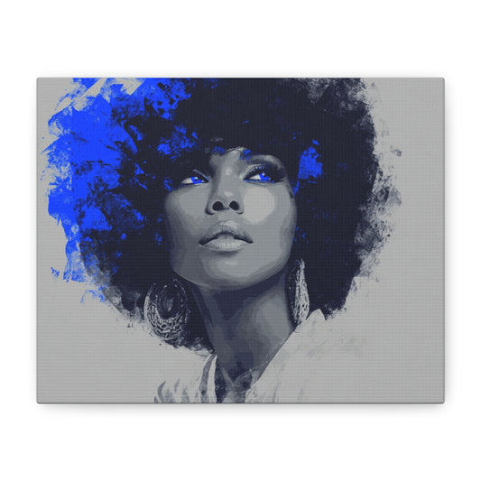 “Electric Grace” Afrocentric Canvas Wall Art | Grayscale Portrait with Cobalt Blue Accents | Matte Finish, Stretched & Ready to Hang