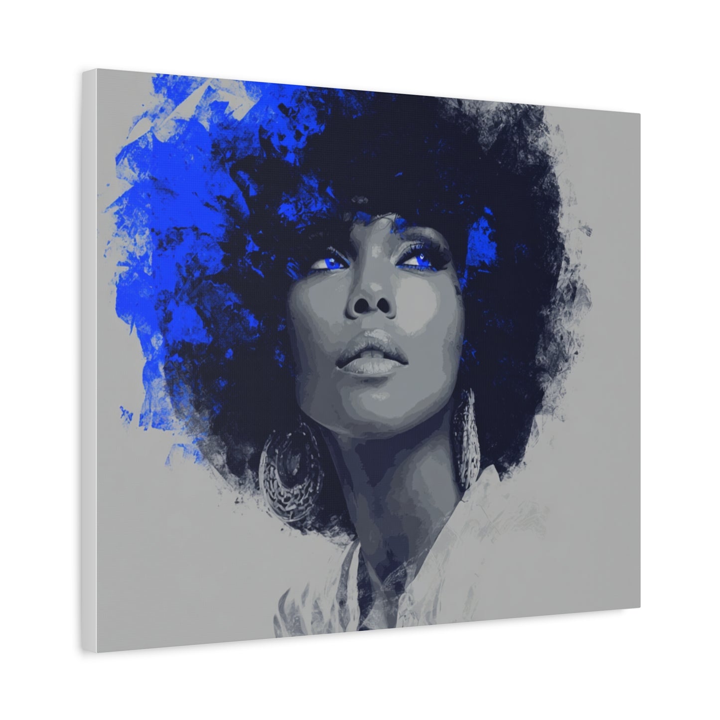 “Electric Grace” Afrocentric Canvas Wall Art | Grayscale Portrait with Cobalt Blue Accents | Matte Finish, Stretched & Ready to Hang