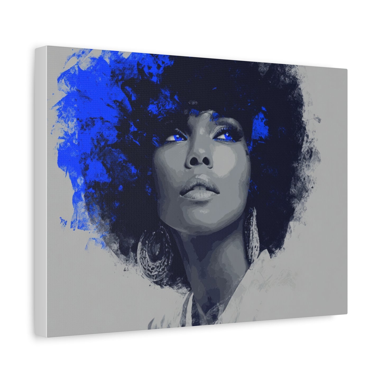 “Electric Grace” Afrocentric Canvas Wall Art | Grayscale Portrait with Cobalt Blue Accents | Matte Finish, Stretched & Ready to Hang