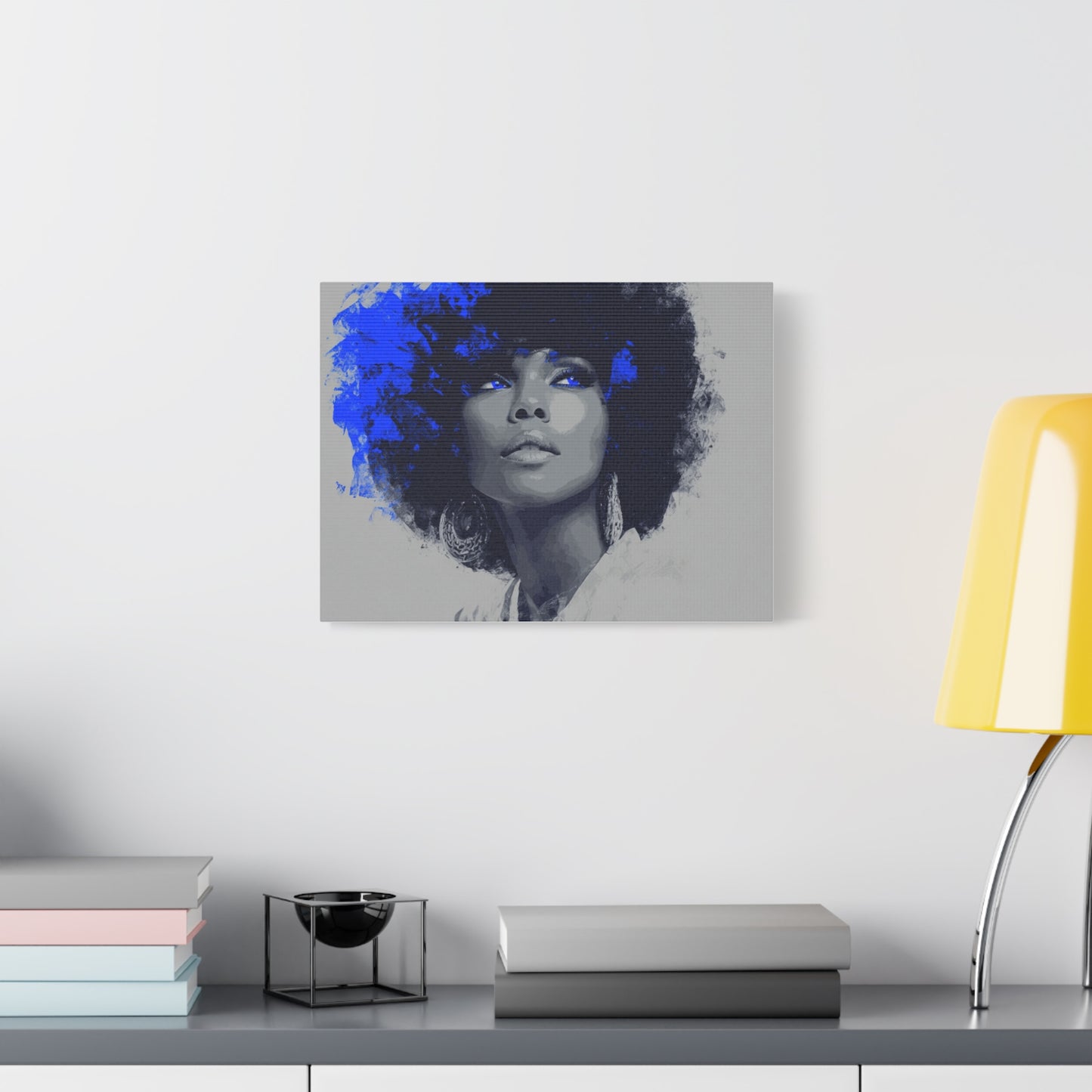 “Electric Grace” Afrocentric Canvas Wall Art | Grayscale Portrait with Cobalt Blue Accents | Matte Finish, Stretched & Ready to Hang