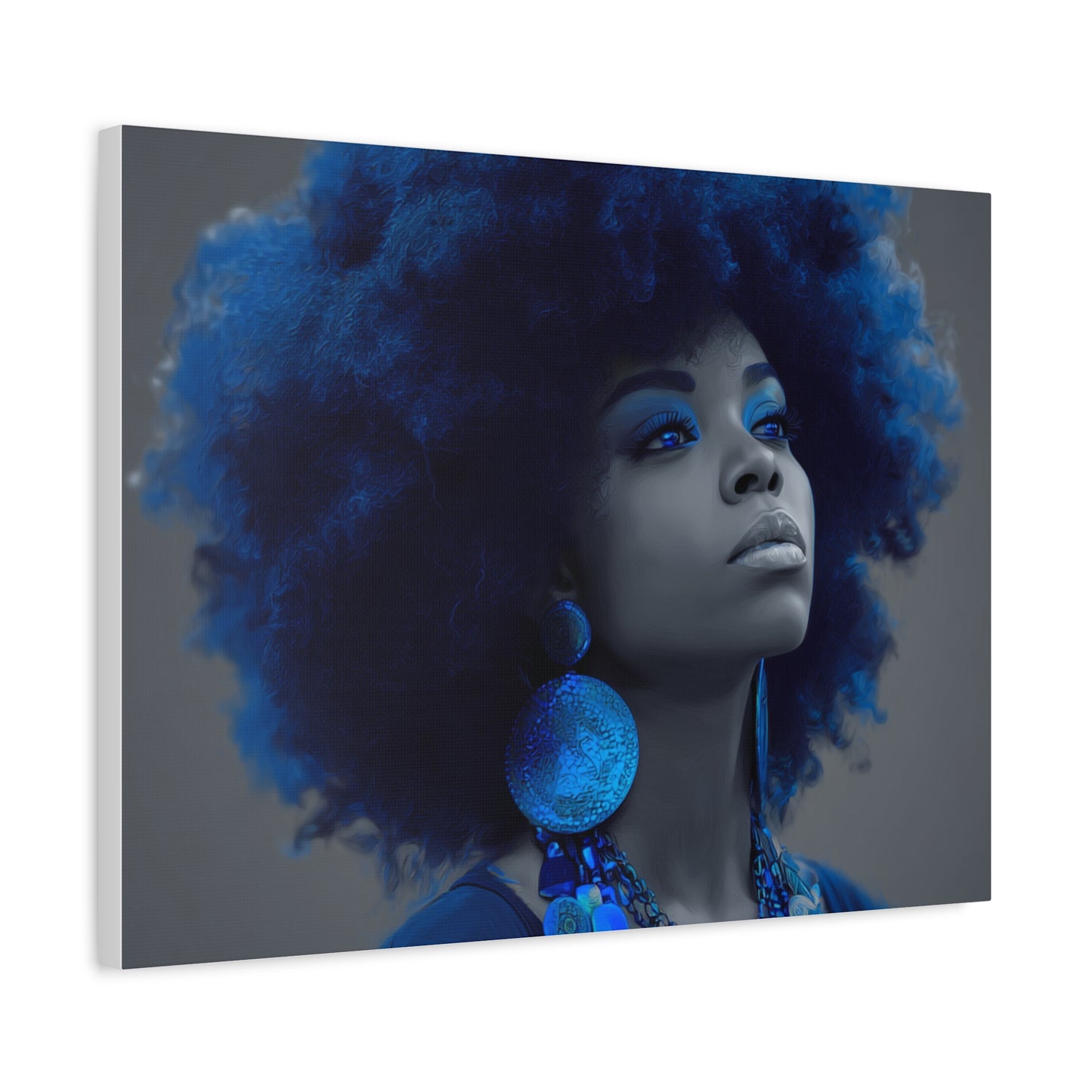 “Storm of Serenity” Afrocentric Canvas Wall Art | Deep Blue & Grayscale Portrait | Matte Finish, Ready to Hang