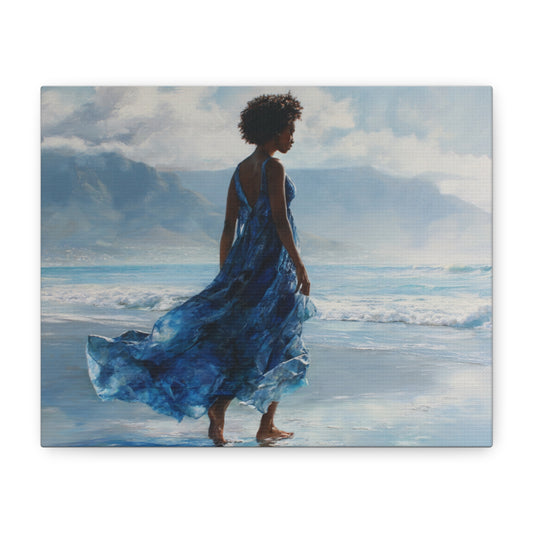 “Whispers of the Tide” Coastal Afrocentric Canvas Wall Art | Serene Black Woman by the Sea | Matte Finish, Ready to Hang