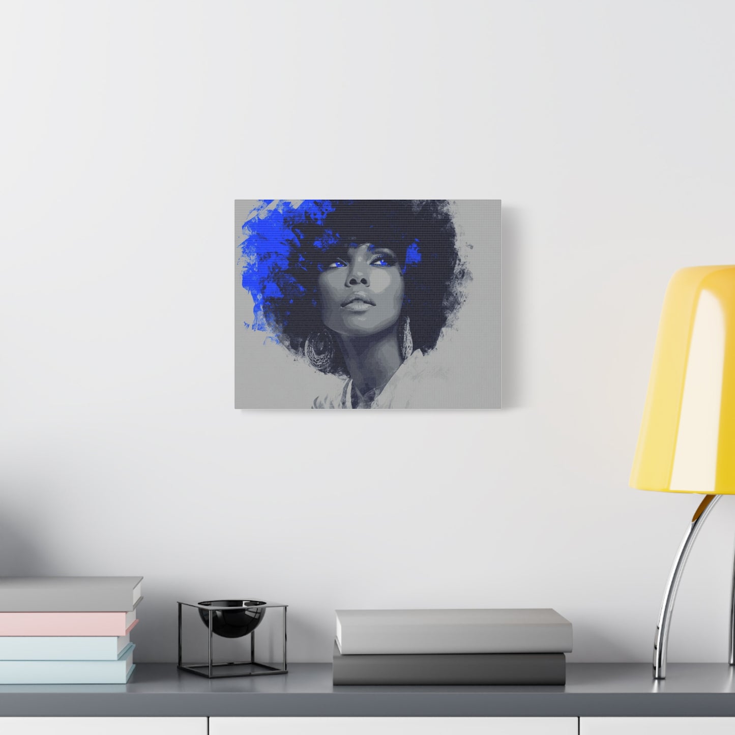 “Electric Grace” Afrocentric Canvas Wall Art | Grayscale Portrait with Cobalt Blue Accents | Matte Finish, Stretched & Ready to Hang