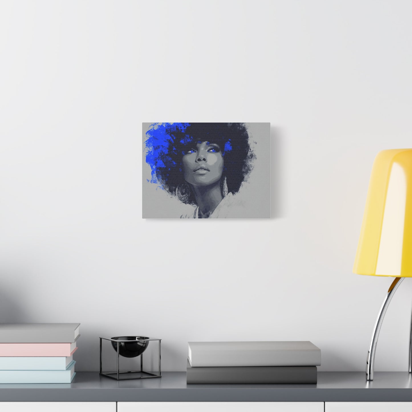 “Electric Grace” Afrocentric Canvas Wall Art | Grayscale Portrait with Cobalt Blue Accents | Matte Finish, Stretched & Ready to Hang