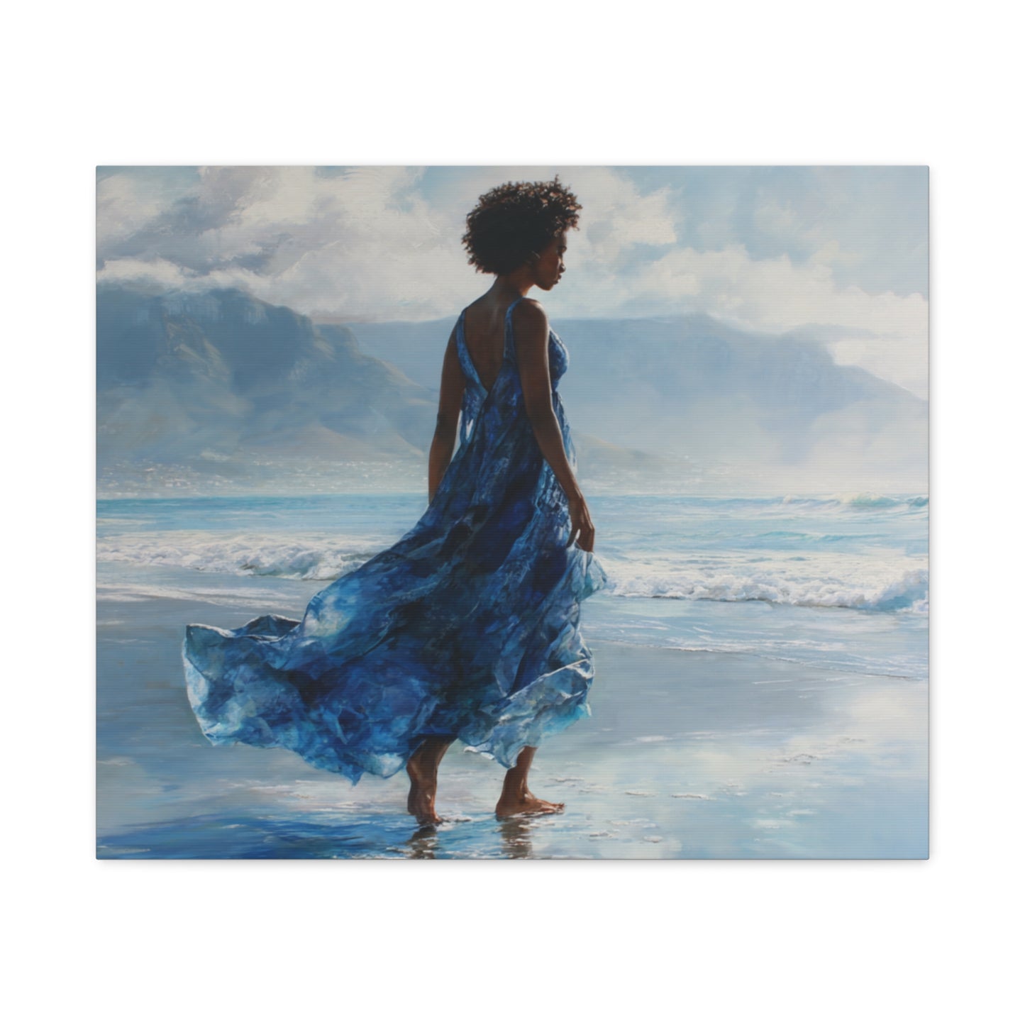 “Whispers of the Tide” Coastal Afrocentric Canvas Wall Art | Serene Black Woman by the Sea | Matte Finish, Ready to Hang